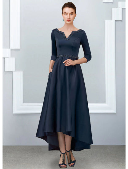 Wholesa  A-Line Mother of the Bride Dress Elegant High Low V Neck Asymmetrical Ankle Length Satin Half Sleeve with Pleats