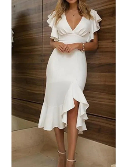 Wholesa Mermaid / Trumpet Wedding Guest Dresses Elegant Dress Wedding Party Semi Formal Asymmetrical Short Sleeve V Neck Polyester with Ruffles Pure Color