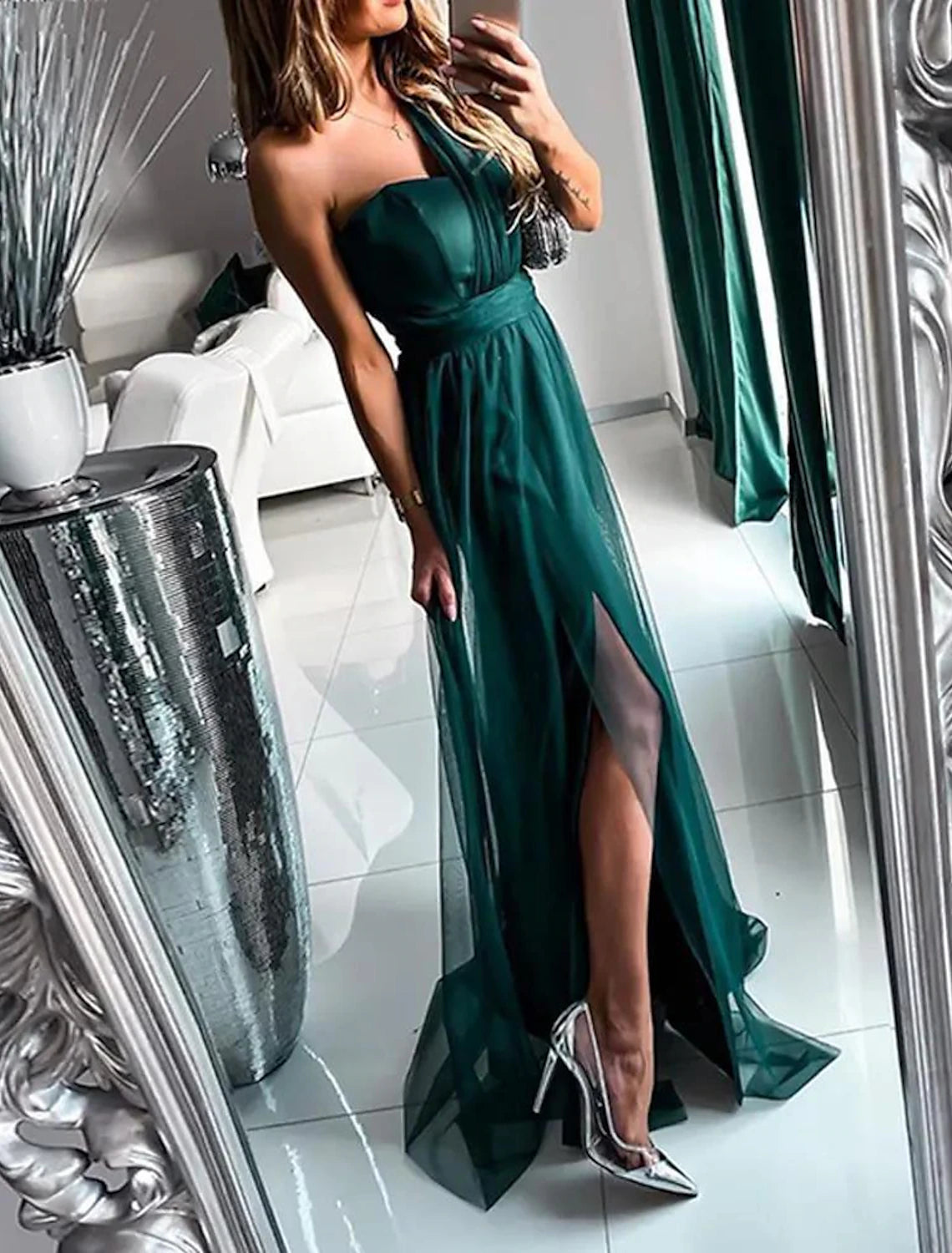 Wholesa A-Line Wedding Guest Dresses Sexy Dress Wedding Guest Prom Sweep / Brush Train Sleeveless One Shoulder Polyester with Pleats Slit