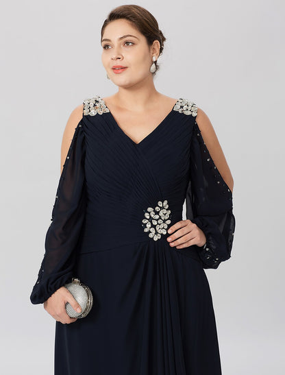 Wholesa  Sheath / Column Mother of the Bride Dress Plus Size Elegant High Low V Neck Asymmetrical Chiffon Stretch Satin Long Sleeve with Criss Cross Crystals