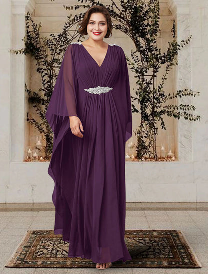 Wholesa  A-Line Mother of the Bride Dress Plus Size Elegant V Neck Floor Length Chiffon Long Sleeve with Pleats Crystals