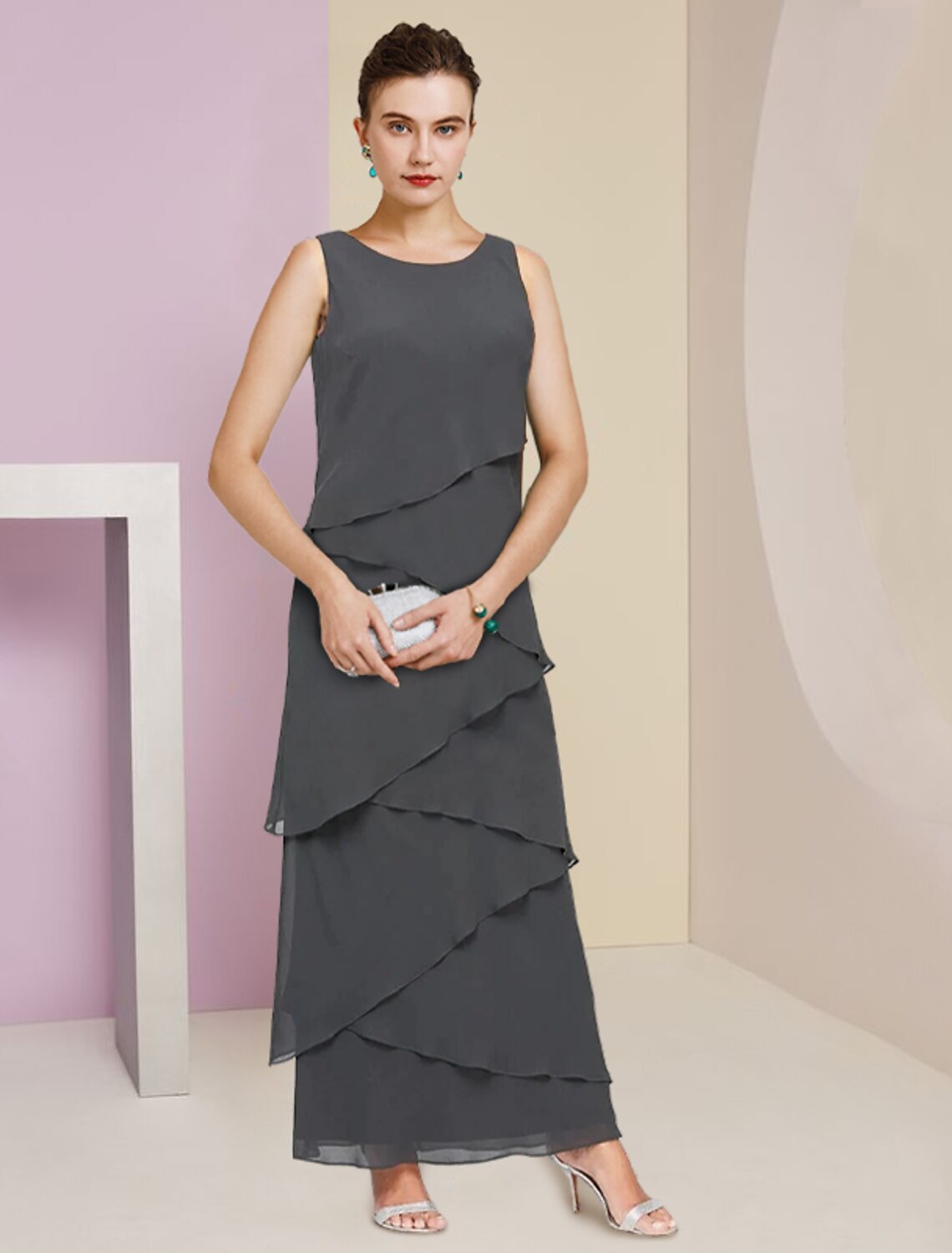 Wholesa  Sheath / Column Mother of the Bride Dress Formal Wedding Guest Elegant Scoop Neck Ankle Length Chiffon Sleeveless Wrap Included with Cascading Ruffles