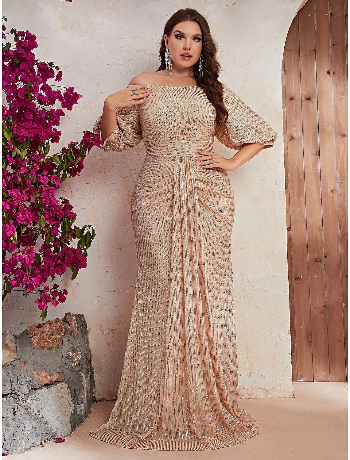 Wholesa  A-Line Wedding Guest Dresses Sparkle Plus Size Dress Sequin Formal Evening Party Dress Floor Length Long Sleeve Off Shoulder