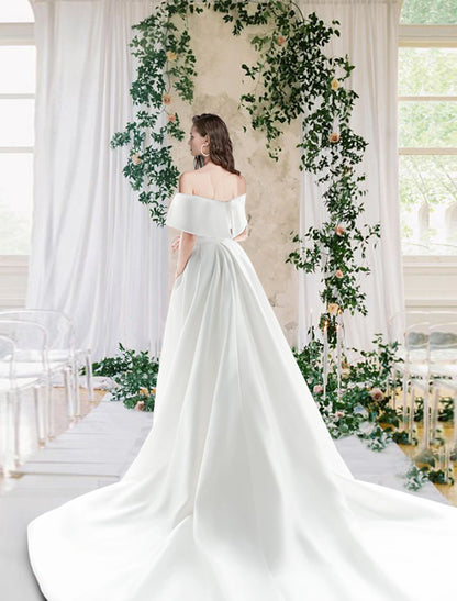 Wholesale Hall Casual Fall Wedding Dresses Sheath / Column Off Shoulder Cap Sleeve Chapel Train Satin Bridal Gowns With Ruched Summer Wedding Party