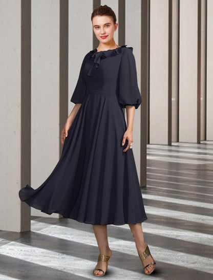 wholesale  A-Line Mother of the Bride Dress Elegant Jewel Neck Tea Length Chiffon Half Sleeve with Pleats Ruffles