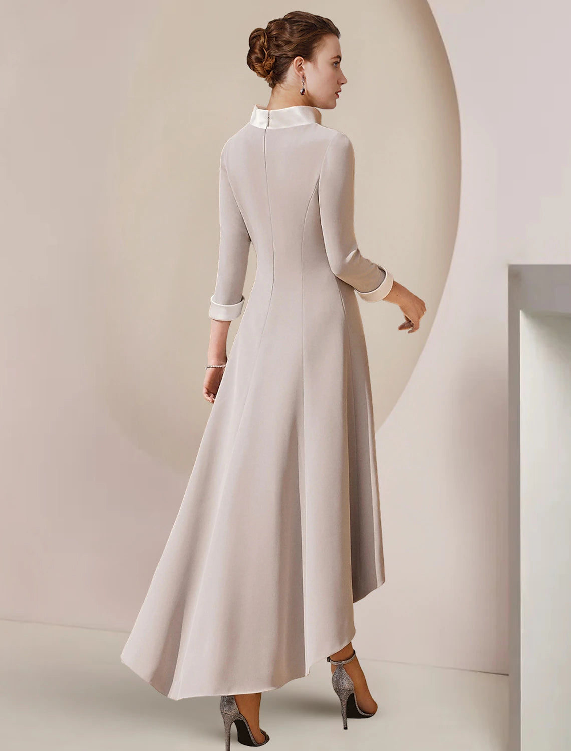 wholesale  A-Line Mother of the Bride Dress Formal Wedding Guest Party Elegant High Neck Asymmetrical Tea Length Satin 3/4 Length Sleeve with Bow(s) Crystal Brooch