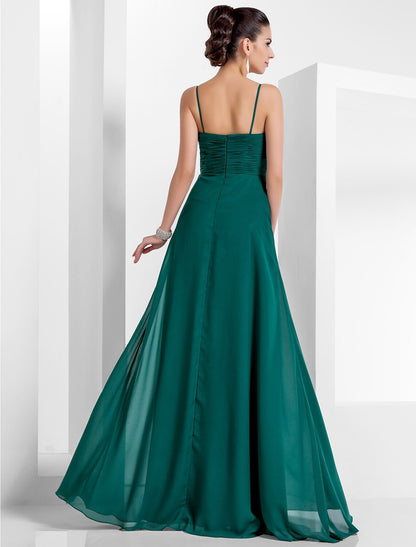 Wholesa A-Line Empire Holiday Formal Evening Dress Spaghetti Strap Sleeveless Floor Length Chiffon with Crystals