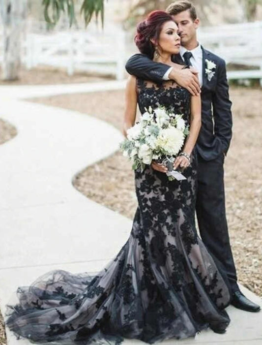 Wholesale Engagement Gothic Black Wedding Dresses Formal Mermaid / Trumpet Illusion Neck Sleeveless Court Train Satin Bridal Gowns With Appliques Summer Fall Halloween Wedding Party