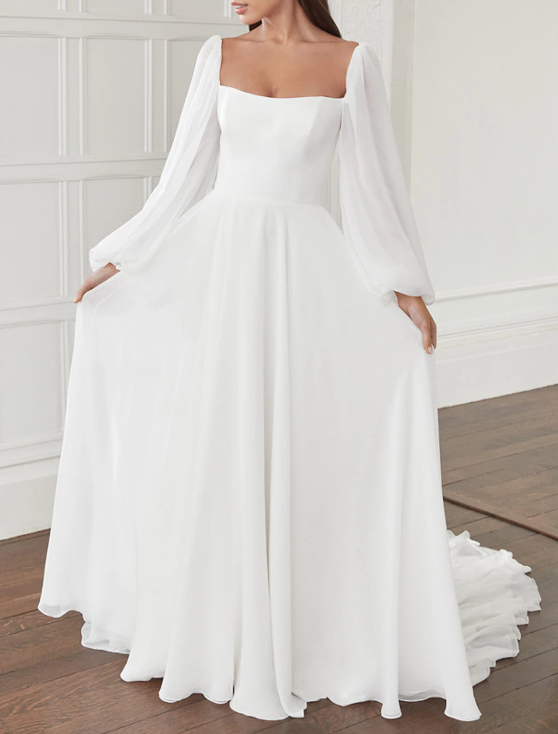 Wholesa Hall Casual Wedding Dresses A-Line Square Neck Long Sleeve Court Train Chiffon Bridal Gowns With Bow(s) Solid Color