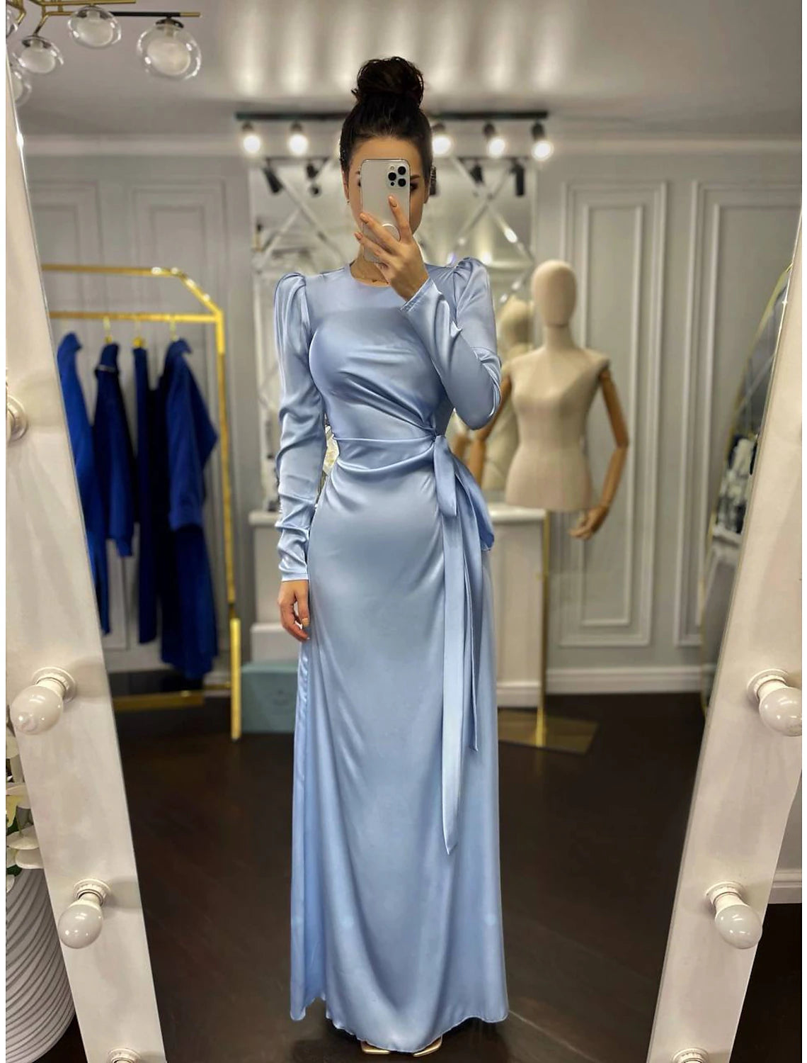 Wholesa Sheath Party Dress Evening Gown Elegant Dress Wedding Guest Fall Floor Length Long Sleeve High Neck Bridesmaid Dress Satin with Ruched