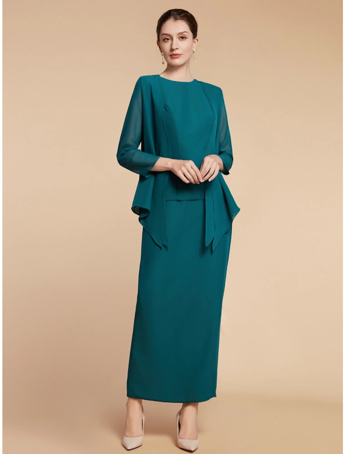 Wholesa  Sheath / Column Mother of the Bride Dress Wedding Guest Elegant Simple Jewel Neck Ankle Length Chiffon Long Sleeve with Split Front Ruching Solid Color