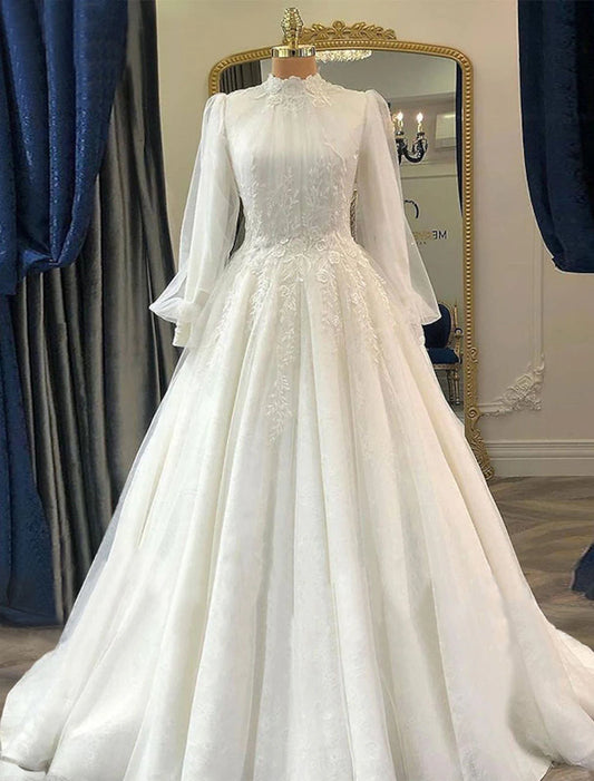 Wholesa Engagement Vintage 1940s / 1950s Formal Wedding Dresses Ball Gown High Neck Long Sleeve Court Train Lace Bridal Gowns With Pleats Appliques