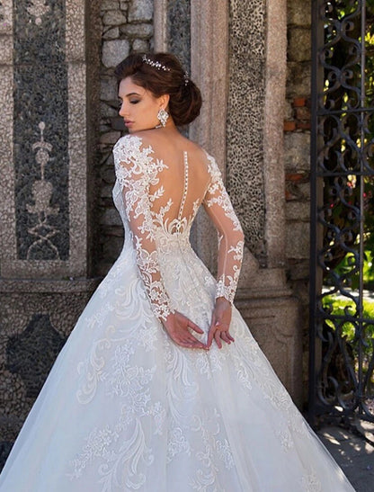 Wholesale Engagement Formal Fall Wedding Dresses Ball Gown Illusion Neck Long Sleeve Court Train Lace Bridal Gowns With Lace Appliques Summer Wedding Party