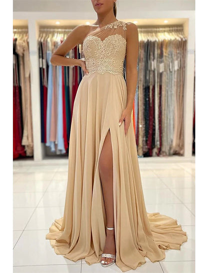 Wholesa A-Line Prom Dresses Sexy Dress Formal Wedding Guest Court Train Sleeveless One Shoulder Chiffon with Slit Appliques