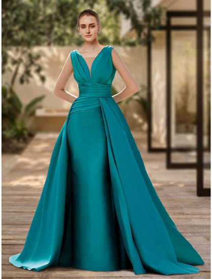 Wholesa  A-Line Evening Gown Elegant Dress Formal Sweep / Brush Train Christmas Red Green Dress Sleeveless V Neck Satin with Pleats Ruched