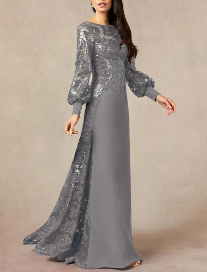 Wholesa A-Line Mother of the Bride Dress Formal Wedding Guest Elegant Jewel Neck Floor Length Chiffon Sequined Long Sleeve with Sequin