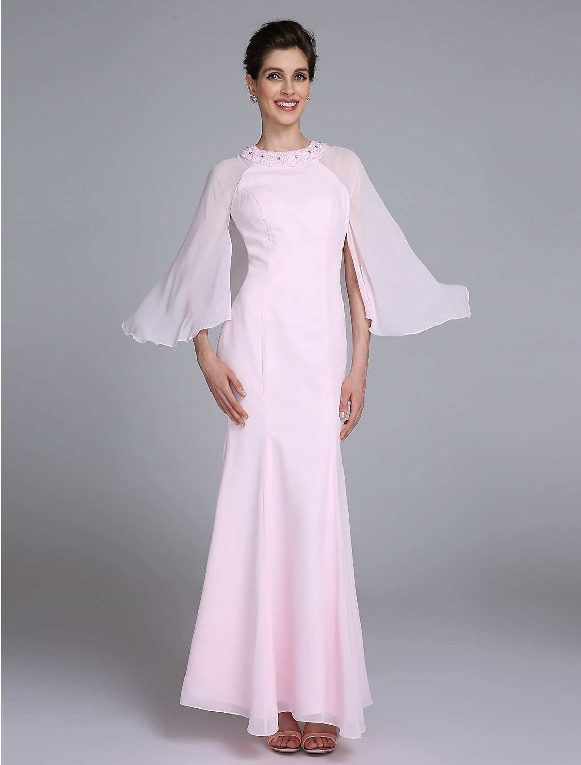 wholesale  Mermaid / Trumpet Mother of the Bride Dress Elegant Jewel Neck Ankle Length Chiffon Long Sleeve No with Beading