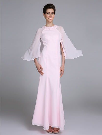 wholesale  Mermaid / Trumpet Mother of the Bride Dress Elegant Jewel Neck Ankle Length Chiffon Long Sleeve No with Beading