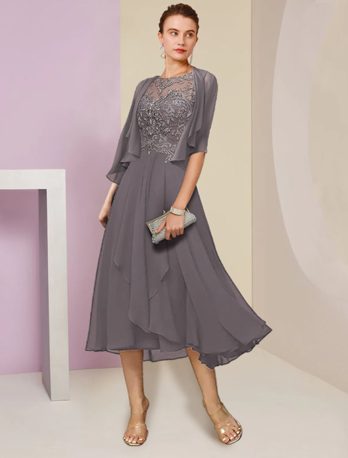 Wholesa  Two Piece A-Line Mother of the Bride Dress Formal Wedding Guest Elegant Scoop Neck Tea Length Chiffon Lace Half Sleeve Wrap Included with Beading Sequin Appliques