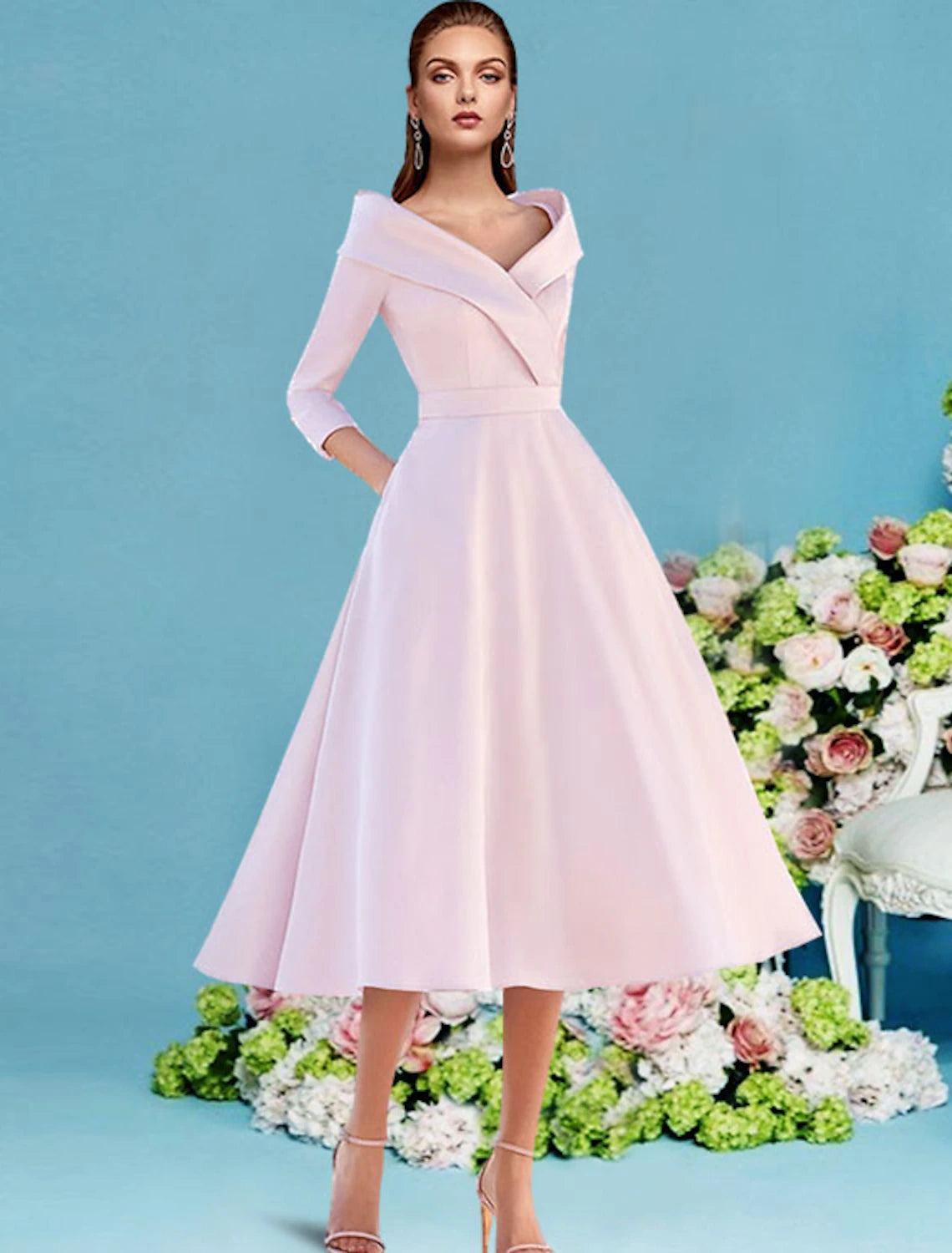 wholesale A-Line Mother of the Bride Dress Fall Wedding Guest Vintage Elegant V Neck Tea Length Satin 3/4 Length Sleeve with Pleats