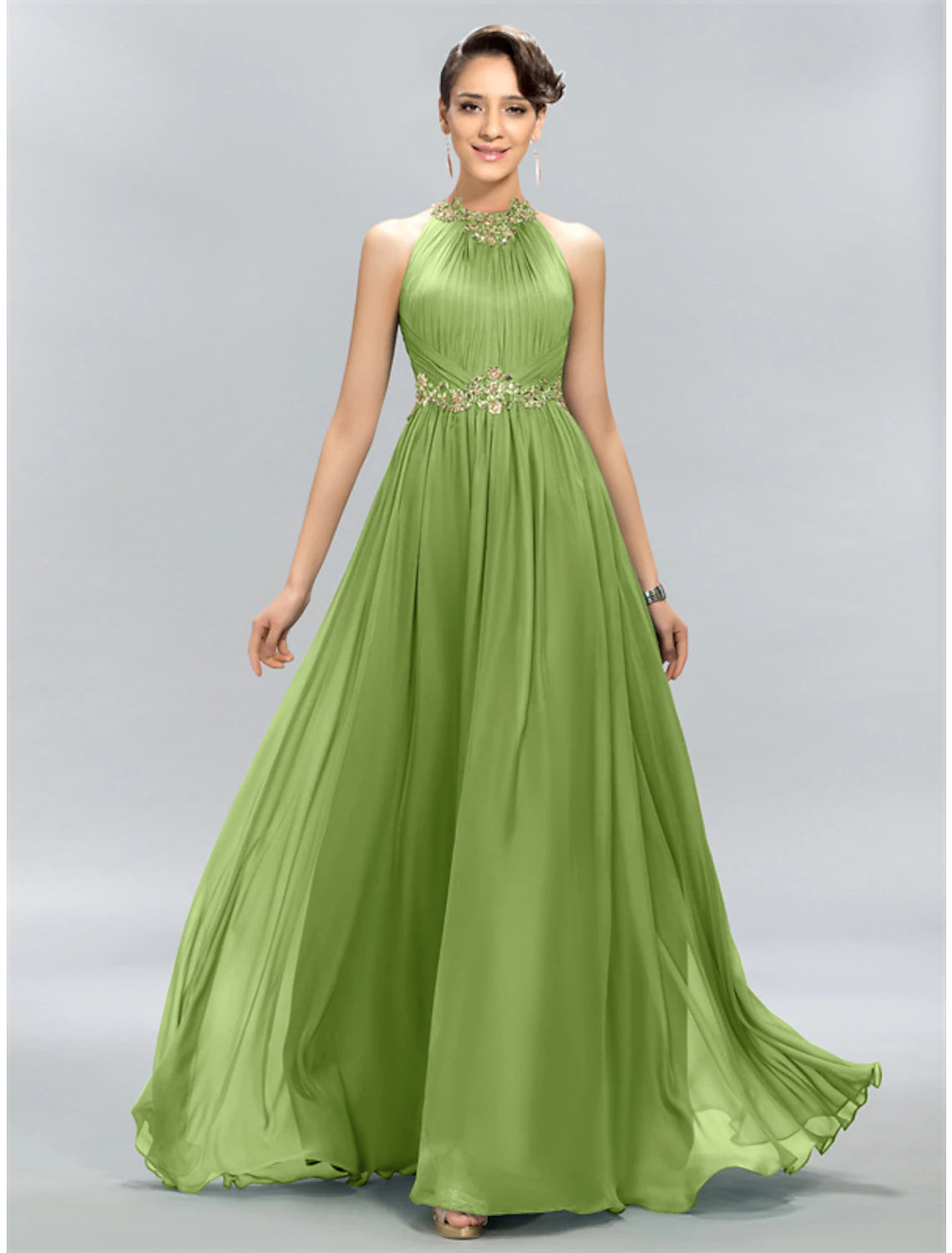 Wholesale A-Line Wedding Guest Dresses Maxi Dress Party Wear Floor Length Sleeveless Halter Chiffon with Ruched Appliques