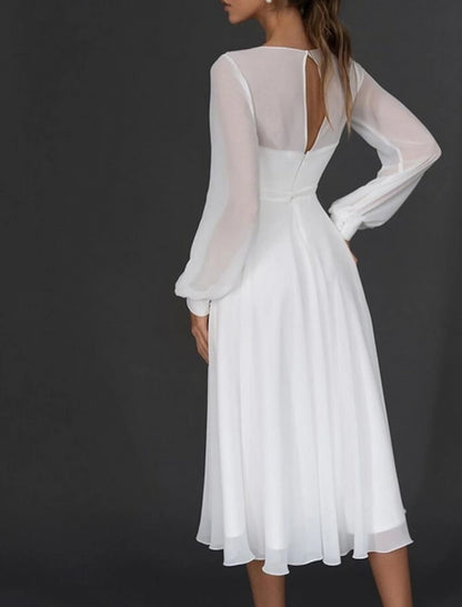 Wholesa Reception Little White Dresses Wedding Dresses A-Line V Neck Long Sleeve Tea Length Chiffon Bridal Gowns With Pleats