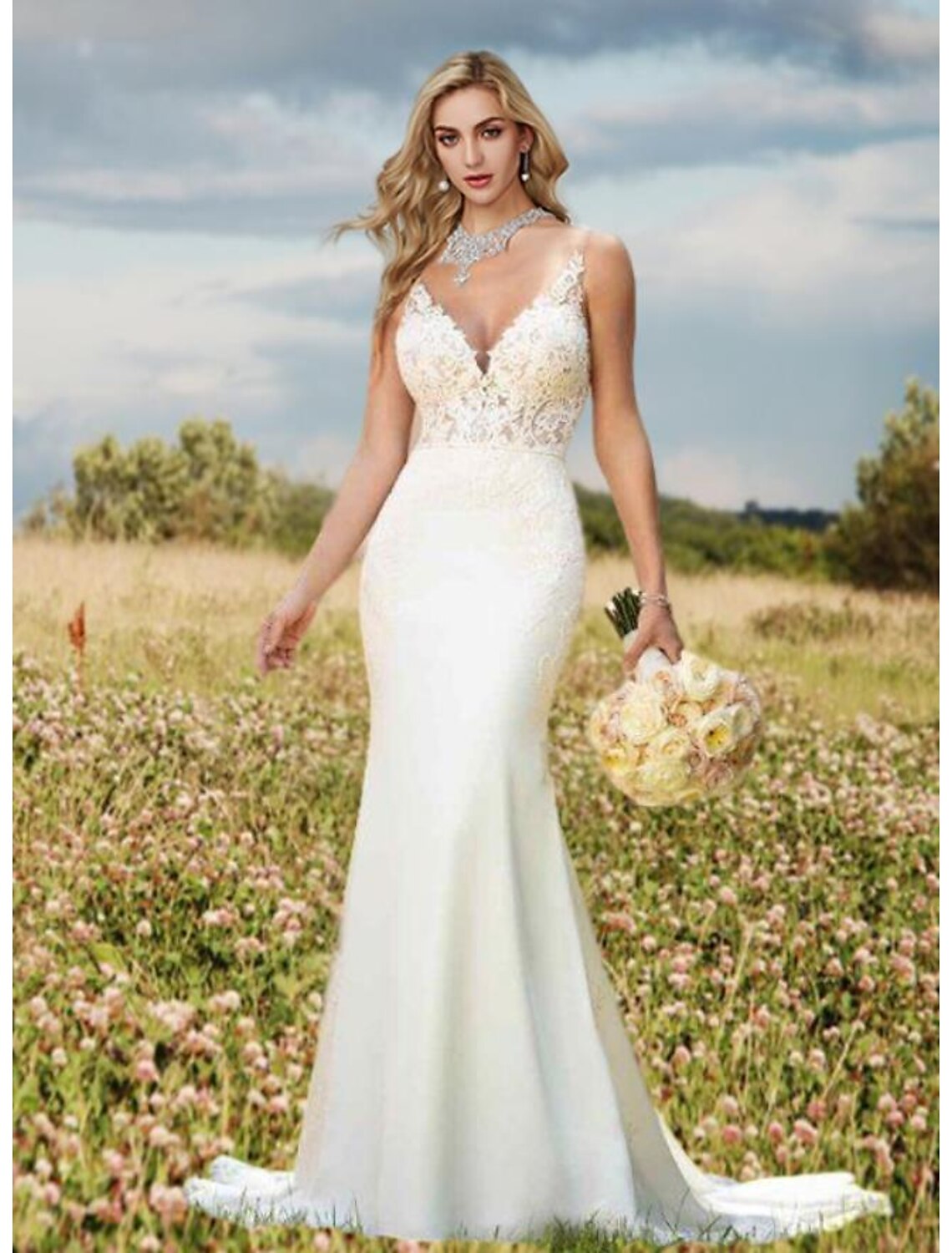 Wholesale Engagement Open Back Sexy Formal Wedding Dresses Mermaid / Trumpet V Neck Sleeveless Court Train Lace Bridal Gowns With Appliques 2023 Summer Wedding Party