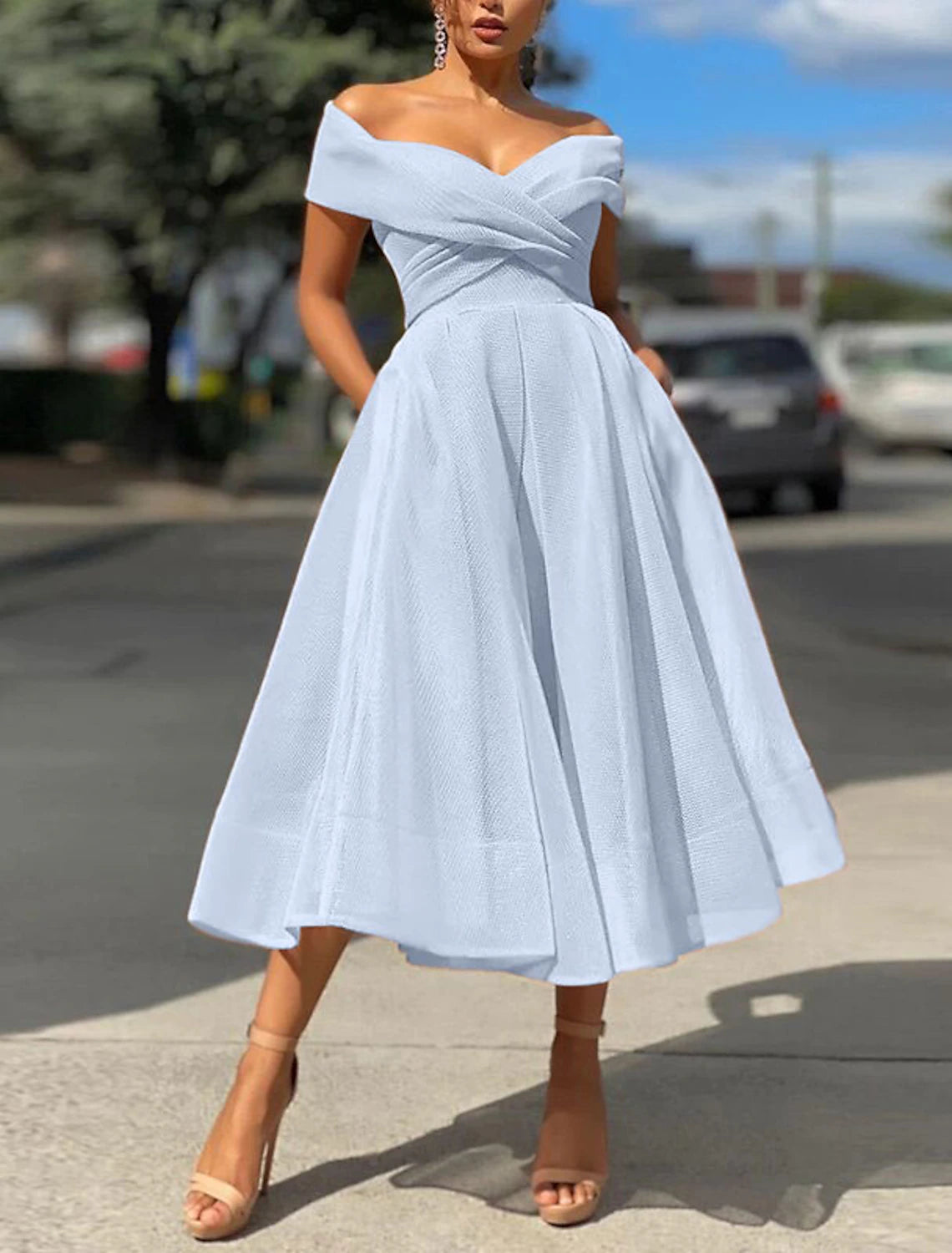 Wholesa A-Line Prom Dresses Vintage Dress Wedding Guest Summer Tea Length Sleeveless Off Shoulder Organza Backless with Ruched