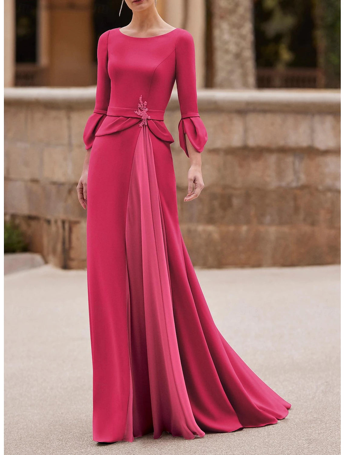 Wholesale Mermaid / Trumpet Mother of the Bride Dress Wedding Guest Elegant Jewel Neck Floor Length Chiffon Crepe 3/4 Length Sleeve with Crystal Brooch