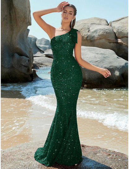 Wholesa Mermaid / Trumpet Evening Gown Sparkle & Shine Dress Formal Wedding Guest Sweep / Brush Train Sleeveless One Shoulder Sequined with Glitter Shouder Flower