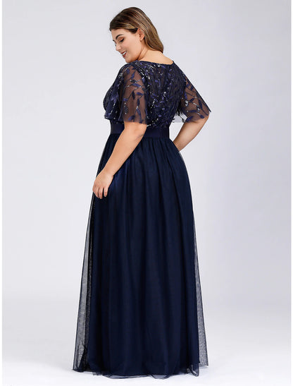 wholesale  A-Line Prom Dresses Plus Size Dress Wedding Guest Floor Length Short Sleeve Jewel Neck Chiffon with Appliques