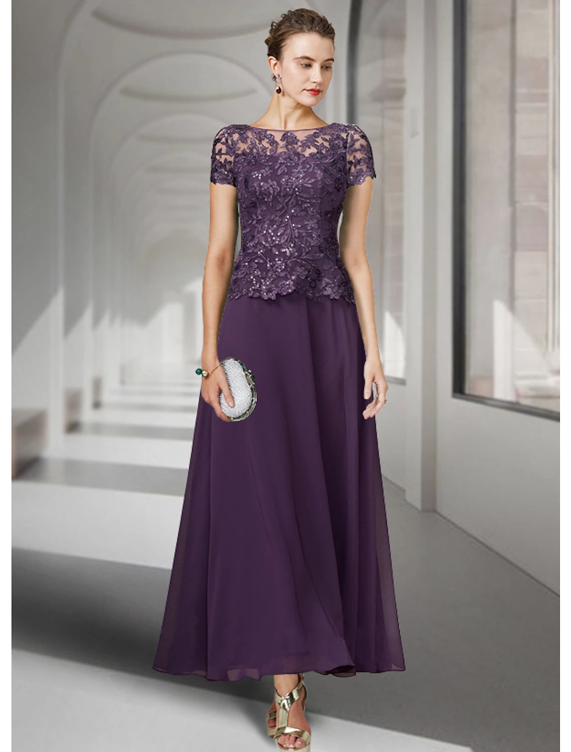 Wholesa A-Line Mother of the Bride Dress Elegant Jewel Neck Ankle Length Chiffon Lace Short Sleeve with Pleats Appliques