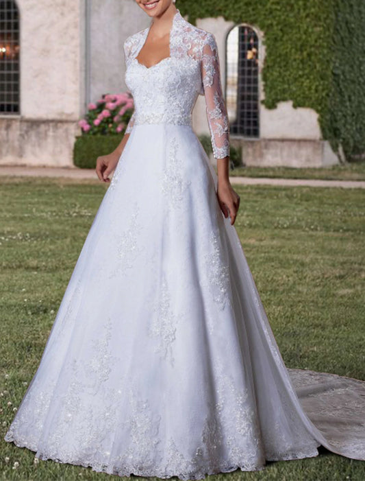 Wholesa Engagement Formal Wedding Dresses Two Piece Sweetheart 3/4 Length Sleeve Court Train Lace Bridal Gowns With Beading Appliques