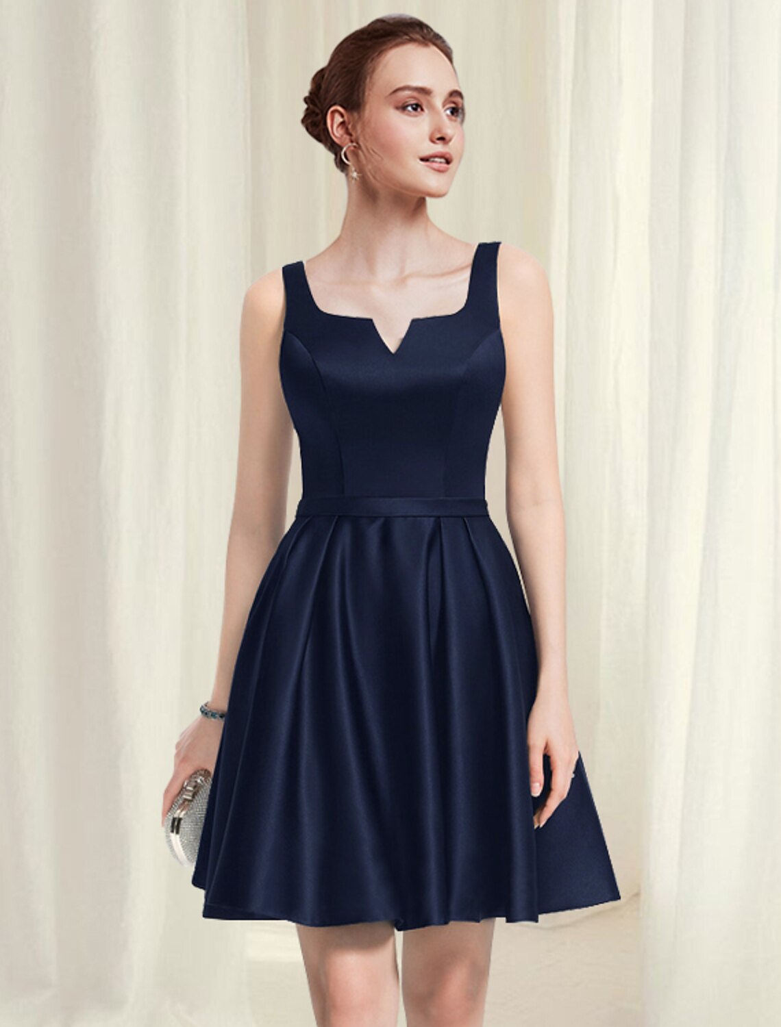 Wholesale A-Line Cocktail Dresses Minimalist Dress Homecoming Short / Mini Sleeveless Scoop Neck Satin with Pleats