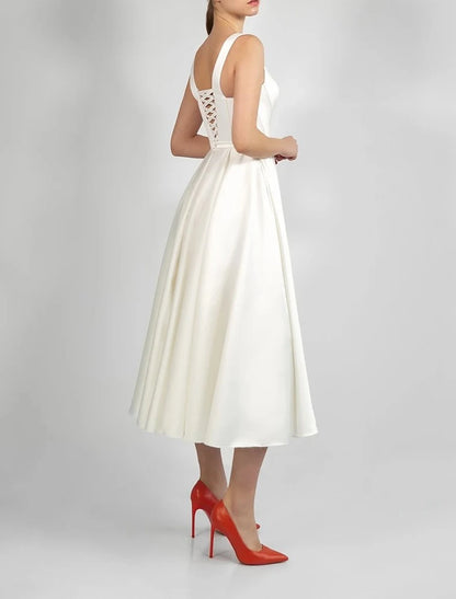 Wholesa Hall Little White Dresses Wedding Dresses A-Line Scoop Neck Sleeveless Tea Length Satin Bridal Gowns With Pleats Solid Color