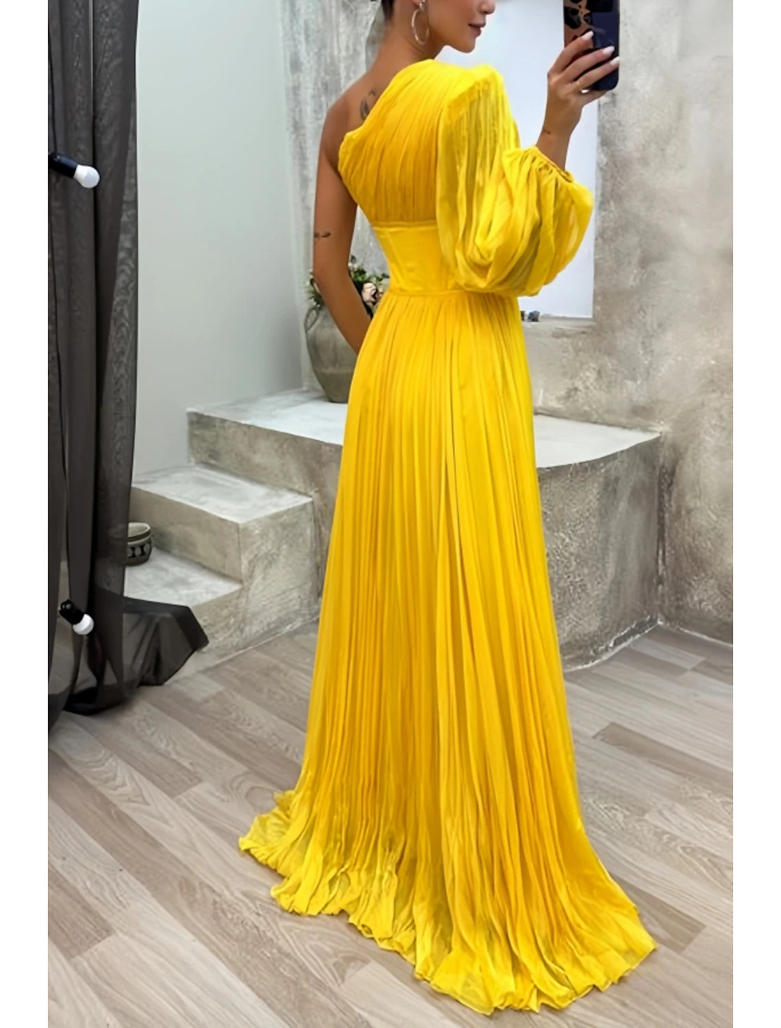 Wholesa A-Line Evening Gown High Split Dress Formal Fall Sweep / Brush Train Long Sleeve One Shoulder Chiffon with Pleats Slit