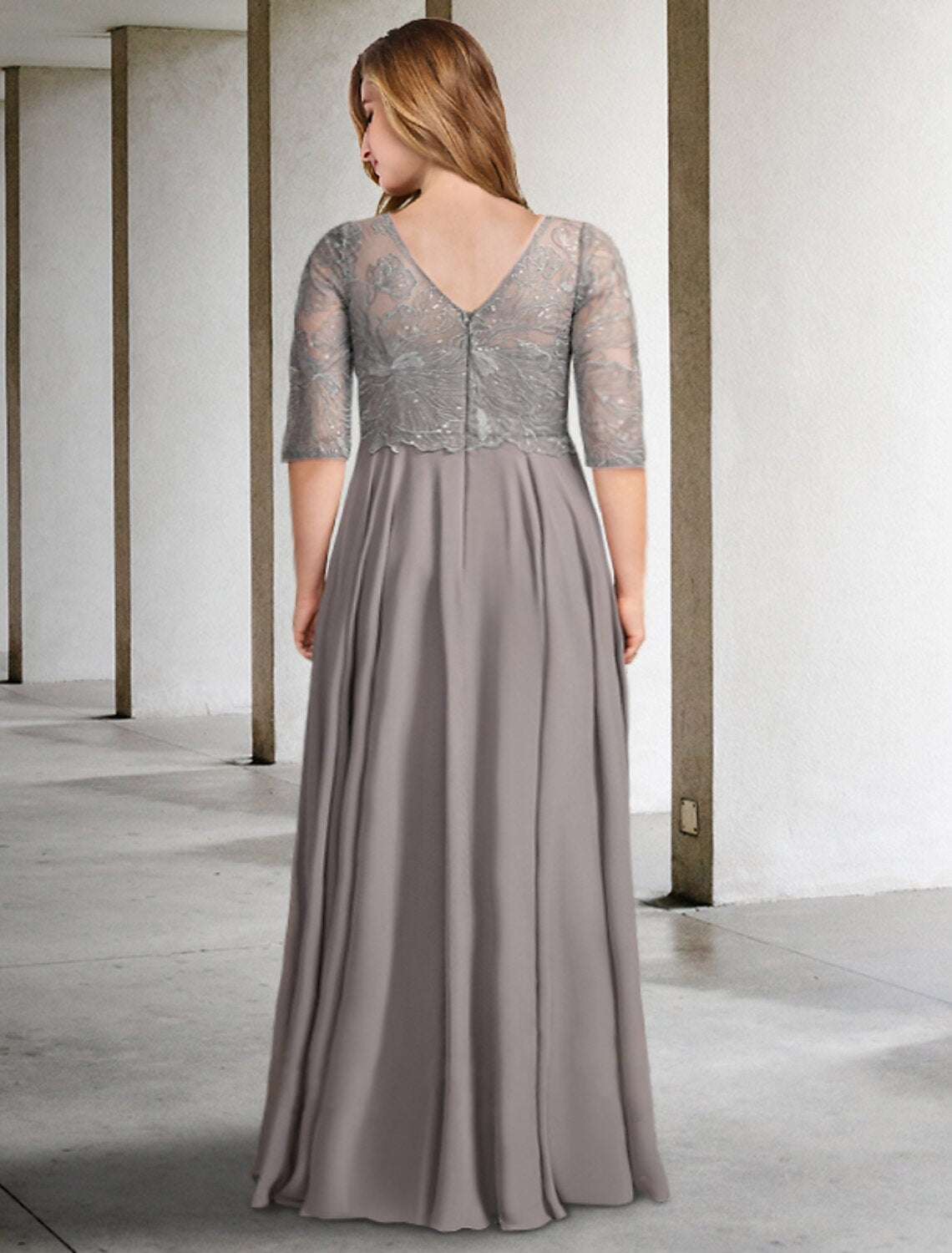 wholesale A-Line Mother of the Bride Dresses Plus Size Hide Belly Curve Elegant Dress Formal Floor Length Half Sleeve V Neck Chiffon with Pleats Sequin Appliques