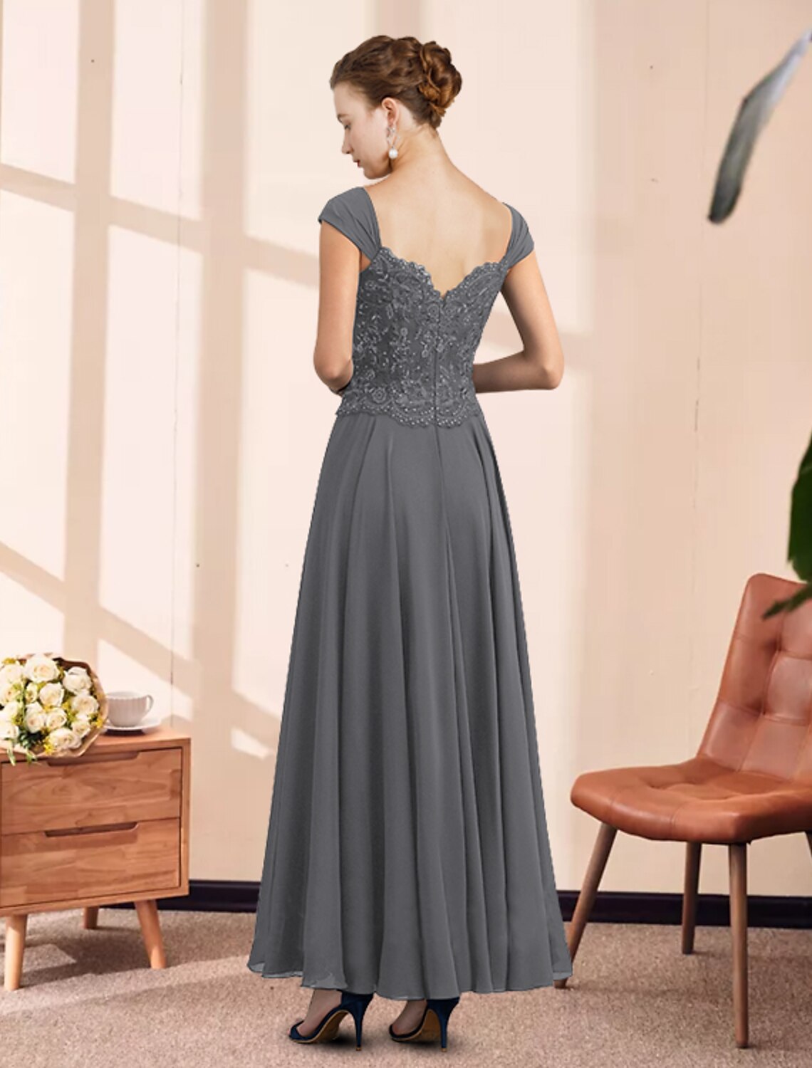 wholesale  Two Piece A-Line Mother of the Bride Dress Elegant V Neck Ankle Length Chiffon Lace Sleeveless with Pleats Appliques