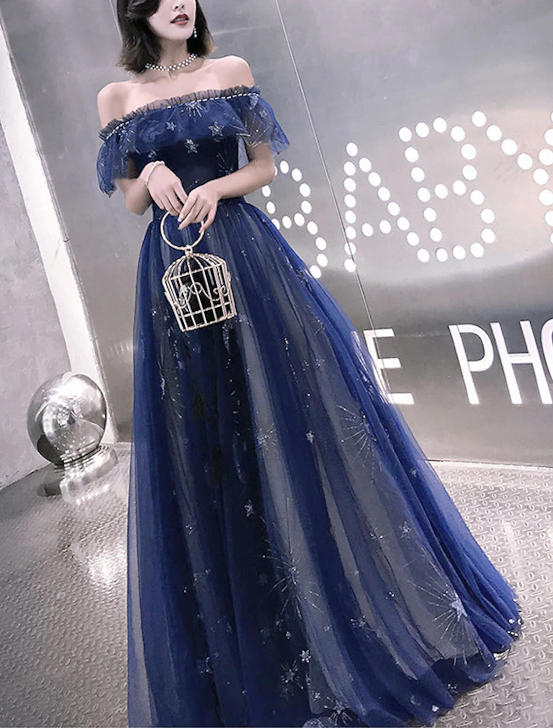 Wholesale A-Line Fairy Prom Dress Sparkle Party Dress Off Shoulder Short Sleeve Floor Length Tulle with Sequins Embroidery Bridesmaid Formal Evening