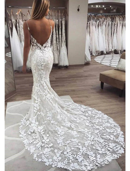 Wholesa Beach Boho Wedding Dresses Mermaid / Trumpet Camisole V Neck Spaghetti Strap Chapel Train Lace Bridal Gowns With Lace Appliques