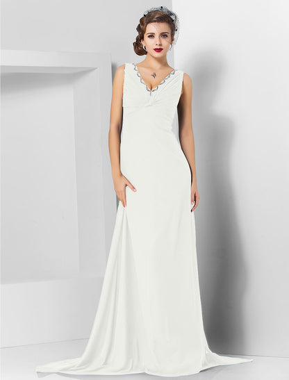 Wholesa Sheath / Column Elegant Engagement Formal Evening Dress V Neck Sleeveless Sweep / Brush Train Chiffon with Crystals Draping