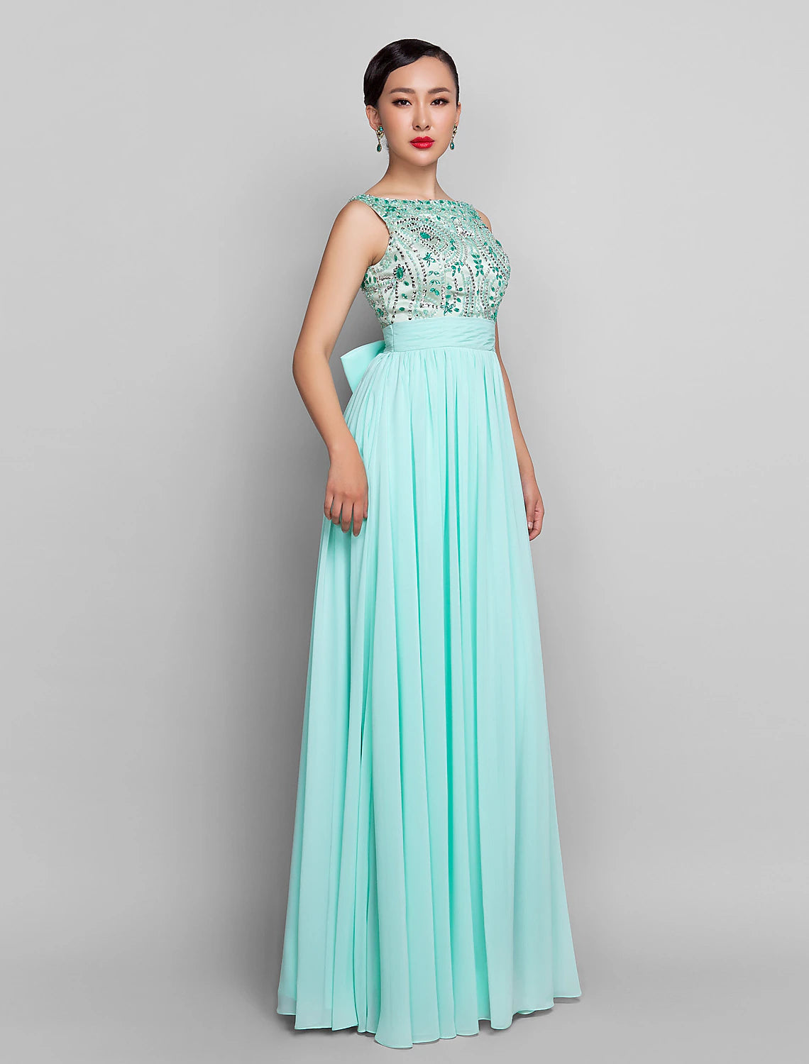 Wholesa  A-Line Beaded & Sequin Holiday Cocktail Party Prom Dress Scoop Neck Sleeveless Floor Length Chiffon with Bow(s) Ruched Beading