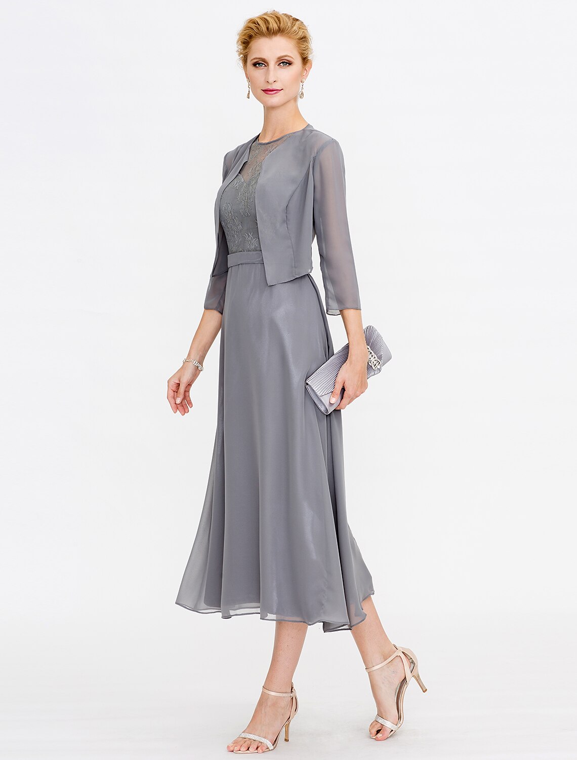 Wholesa A-Line Mother of the Bride Dress Fall Wedding Guest Dresses Plus Size Elegant Illusion Neck Tea Length Chiffon Corded Lace Sleeveless Wrap Included with Lace Pleats