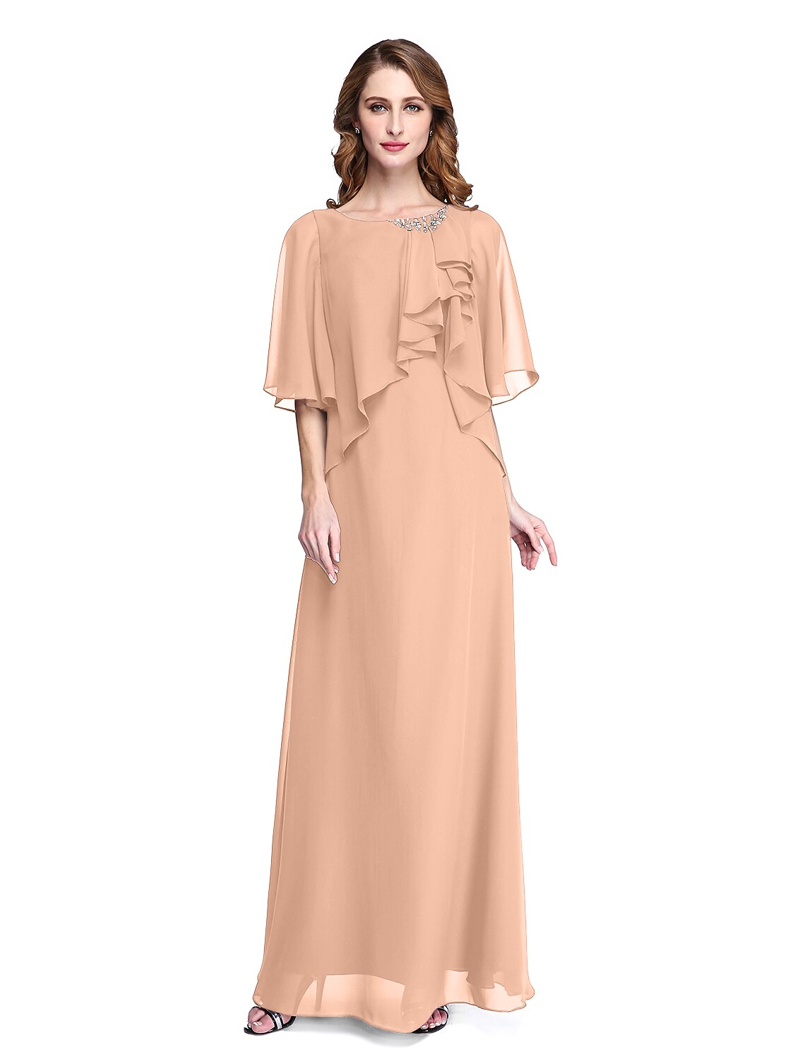 wholesale Sheath / Column Mother of the Bride Dress Elegant Open Back Jewel Neck Floor Length Chiffon Half Sleeve with Pleats Beading Ruffle