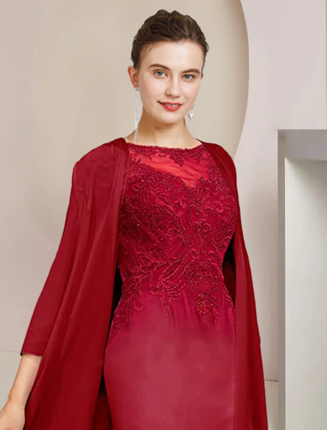 Wholesa Two Piece Sheath / Column Mother of the Bride Dress Formal Wedding Guest Elegant Scoop Neck Knee Length Chiffon Lace Half Sleeve Jacket Dresses with Appliques