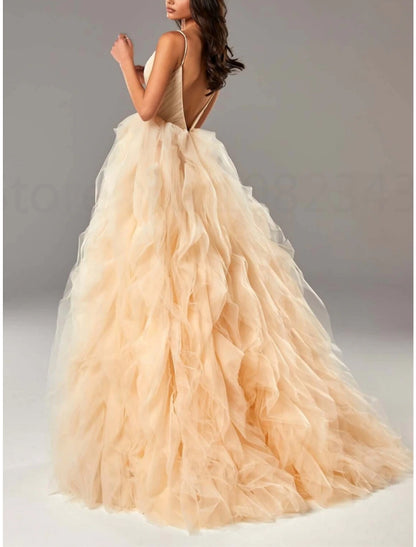 Wholesa A-Line Prom Dresses Elegant Dress Formal Floor Length Sleeveless Spaghetti Strap Tulle with Pleats Ruffles