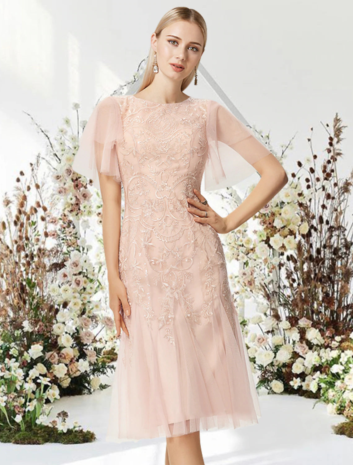 wholesale A-Line Cocktail Dresses Flirty Dress Graduation Knee Length Half Sleeve Jewel Neck Lace with Appliques