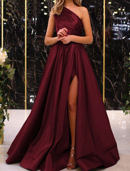 Wholesa A-Line Evening Gown Elegant Dress Wedding Guest Engagement Floor Length Sleeveless One Shoulder Satin with Pleats Slit