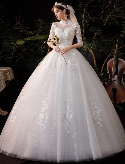 Wholesale Wedding Dresses Floor Length Ball Gown Half Sleeve High Neck Lace With Appliques Bridal Gowns