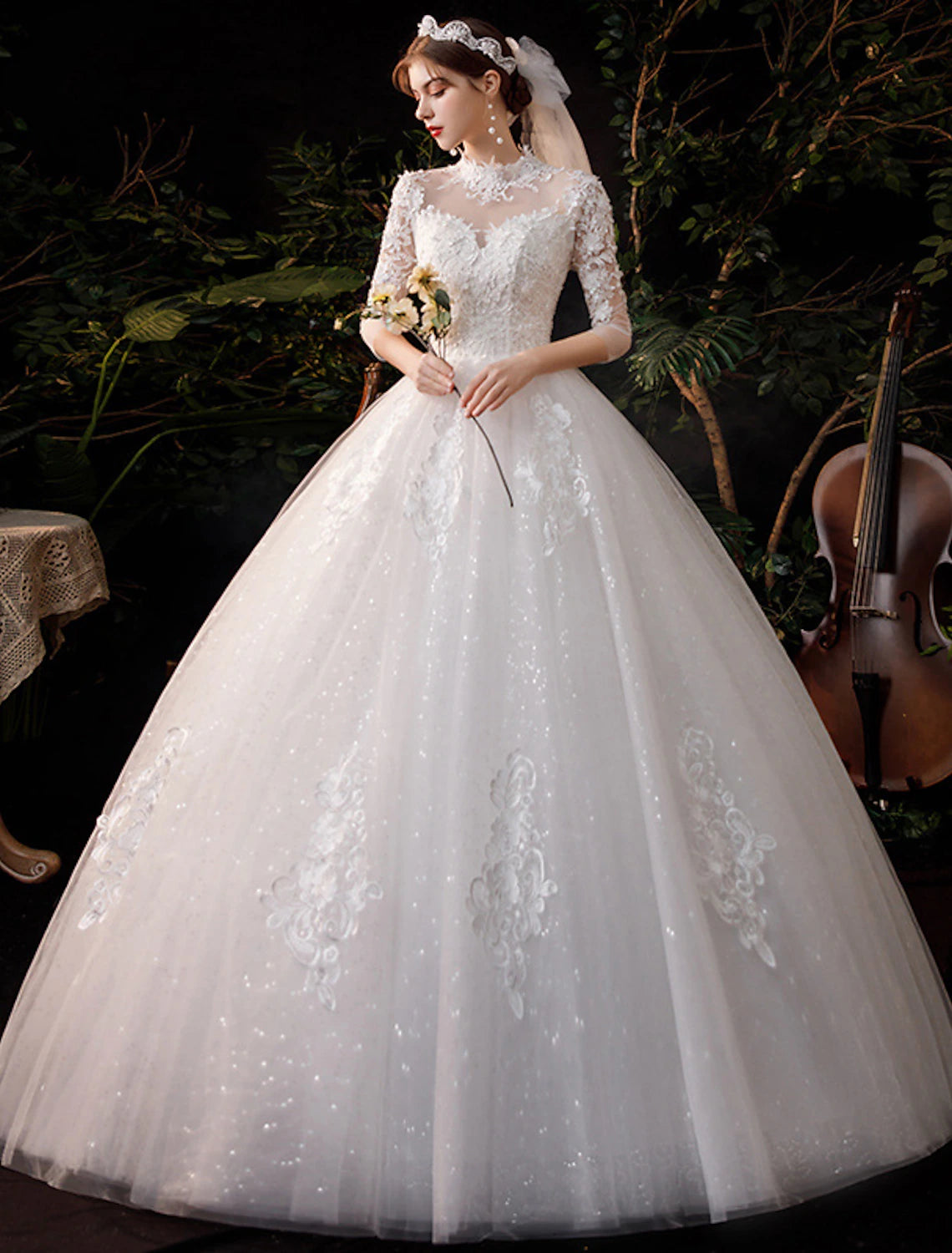 wholesale Reception Wedding Dresses Ball Gown High Neck Half Sleeve Floor Length Lace Bridal Gowns With Appliques